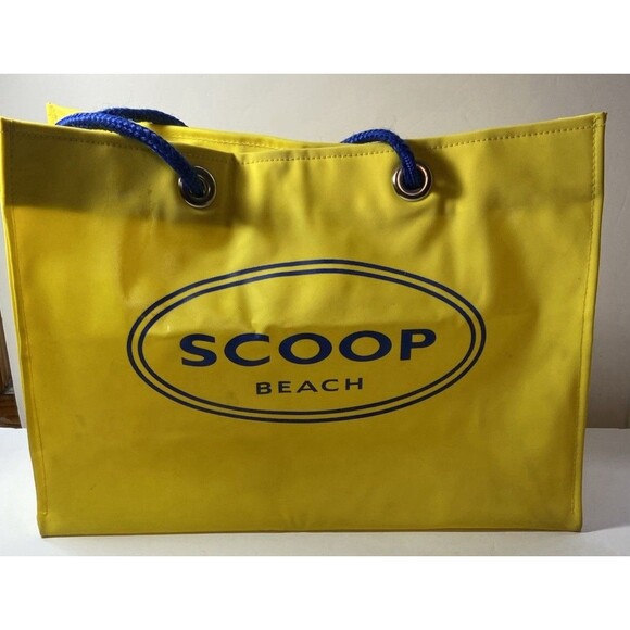 SCOOP Beach Tote Yellow Blue Shopping Bag Rubber Vinyl - Picture 1 of 16